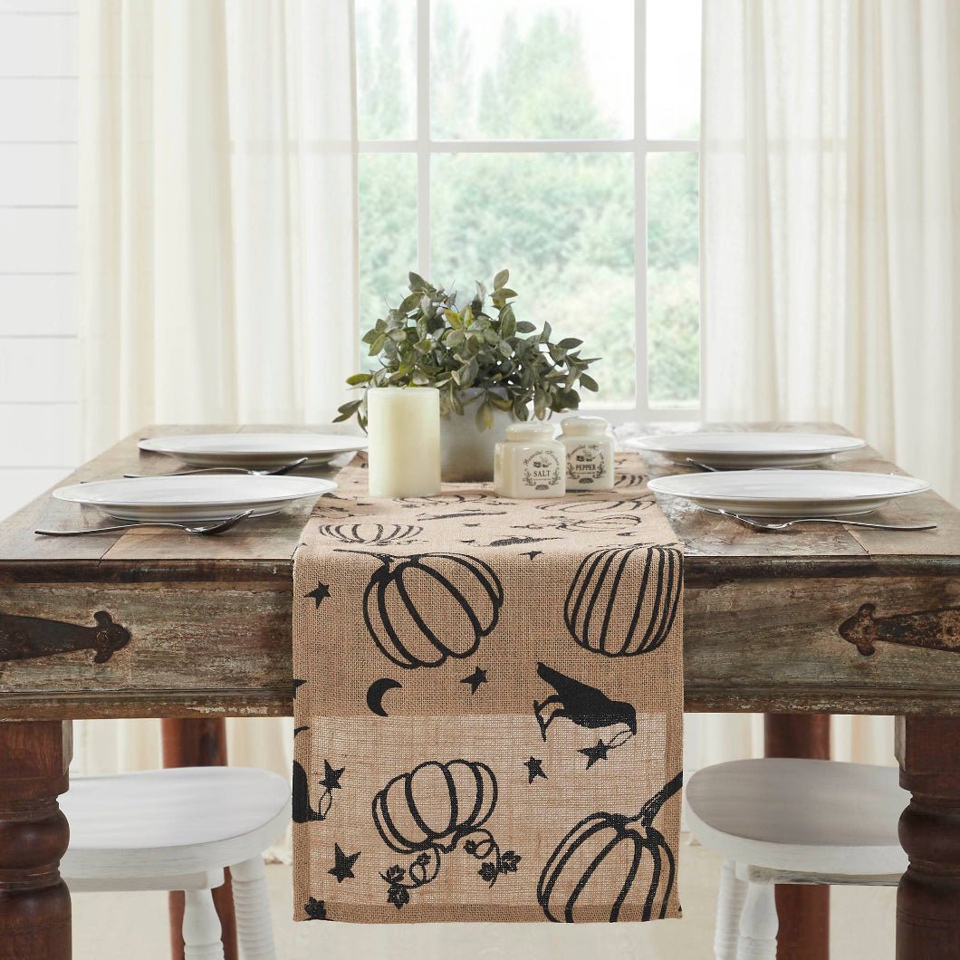 Primitive Fall Halloween Raven Harvest Burlap Jute Runner 12&quot;x48&quot; - The Primitive Pineapple Collection