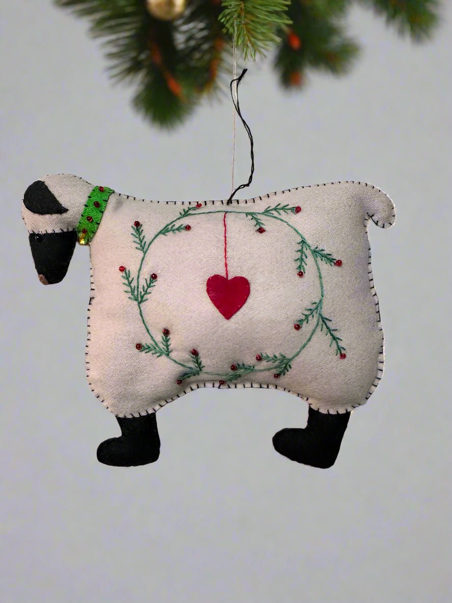 Primitive Christmas Handcrafted Felt 10” Rustic Sheep w/ Wreath Ornament - The Primitive Pineapple Collection