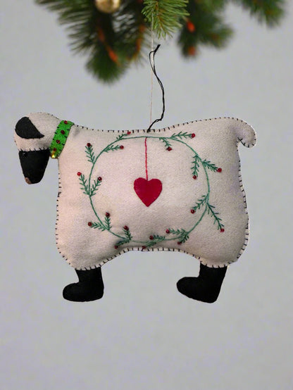 Primitive Christmas Handcrafted Felt 10” Rustic Sheep w/ Wreath Ornament - The Primitive Pineapple Collection