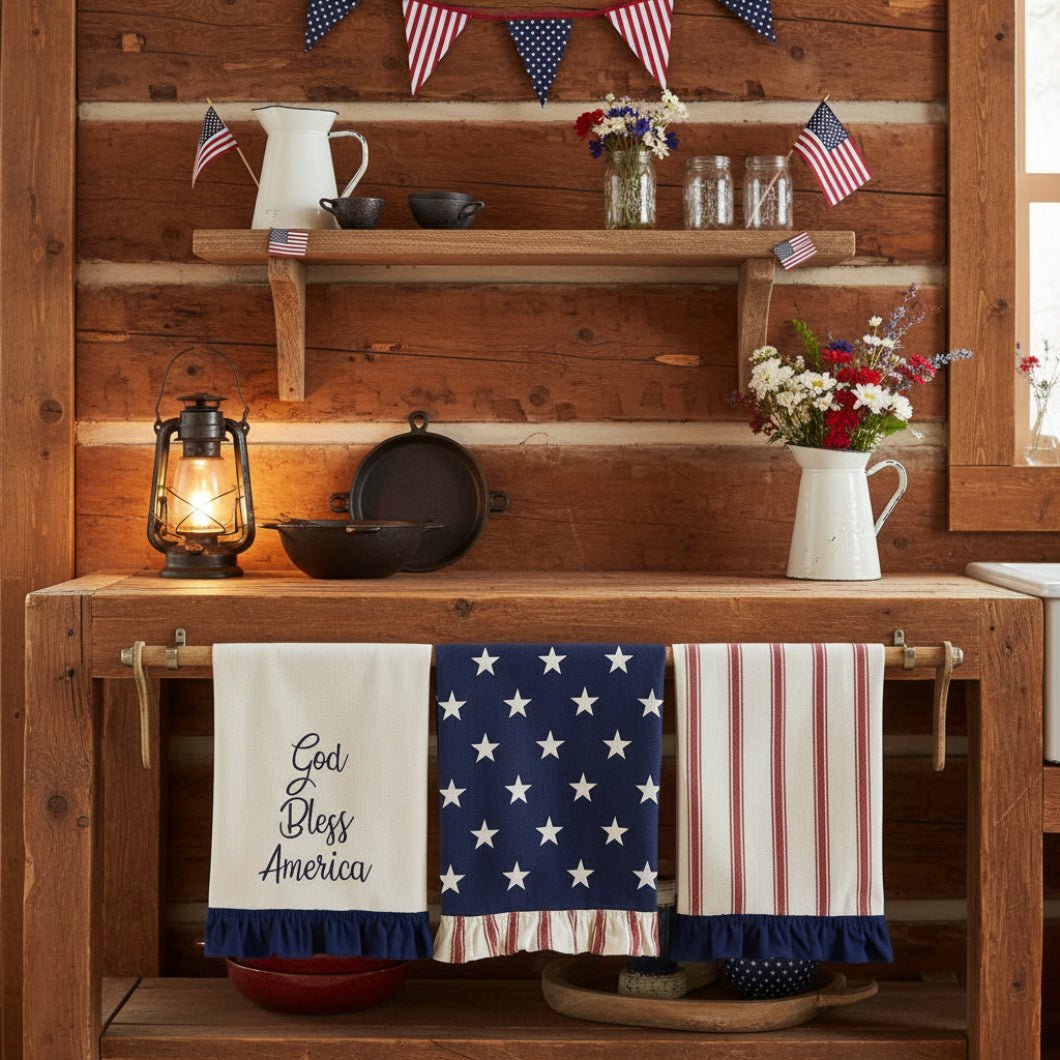 Patriotic Ruffled Tea Towels Set of 3 | Hatteras Stars - The Primitive Pineapple Collection