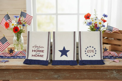 Americana Ruffled Tea Towels Set of 3 | Patriotic Kitchen Decor - The Primitive Pineapple Collection