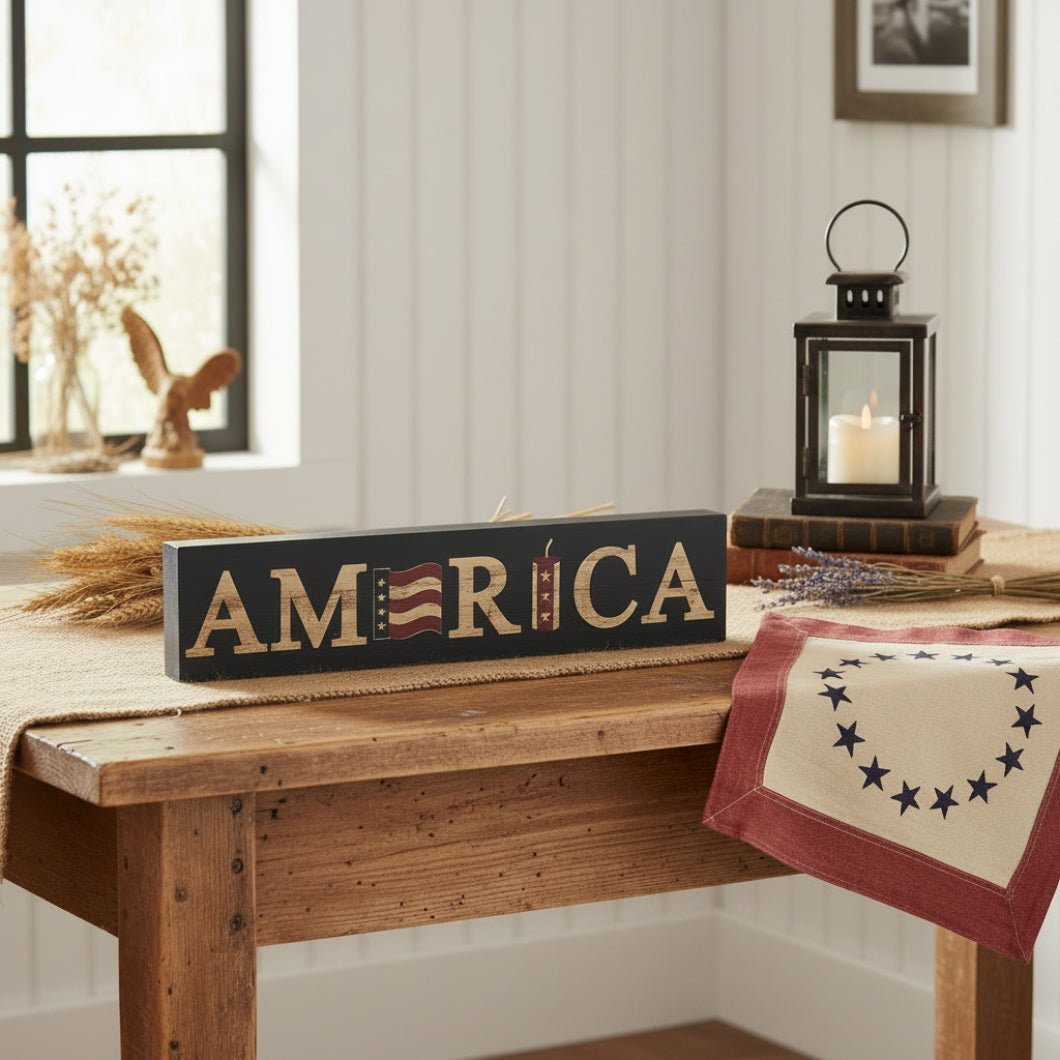 Patriotic AMERICA Flag &amp; Firecracker Block Sign 3x14x1 - The Primitive Pineapple Collection