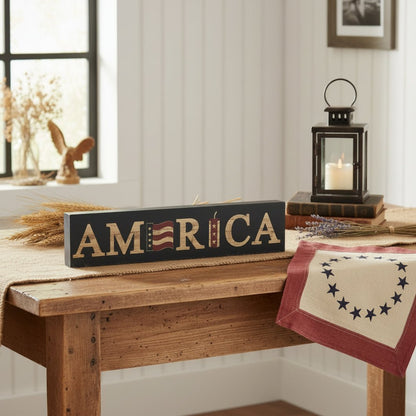 Patriotic AMERICA Flag &amp; Firecracker Block Sign 3x14x1 - The Primitive Pineapple Collection