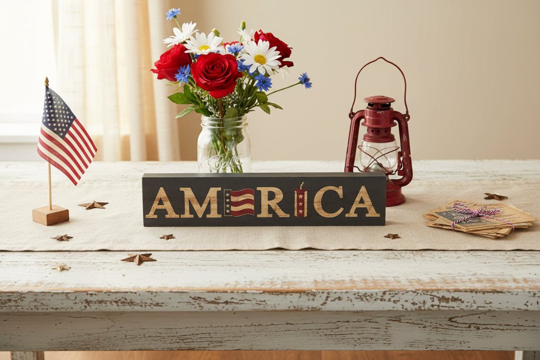 Patriotic AMERICA Flag &amp; Firecracker Block Sign 3x14x1 - The Primitive Pineapple Collection