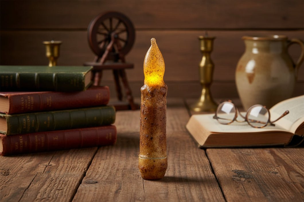 Primitive/Country 4" Battery Operated Tan Taper Candle W/Timer - The Primitive Pineapple Collection