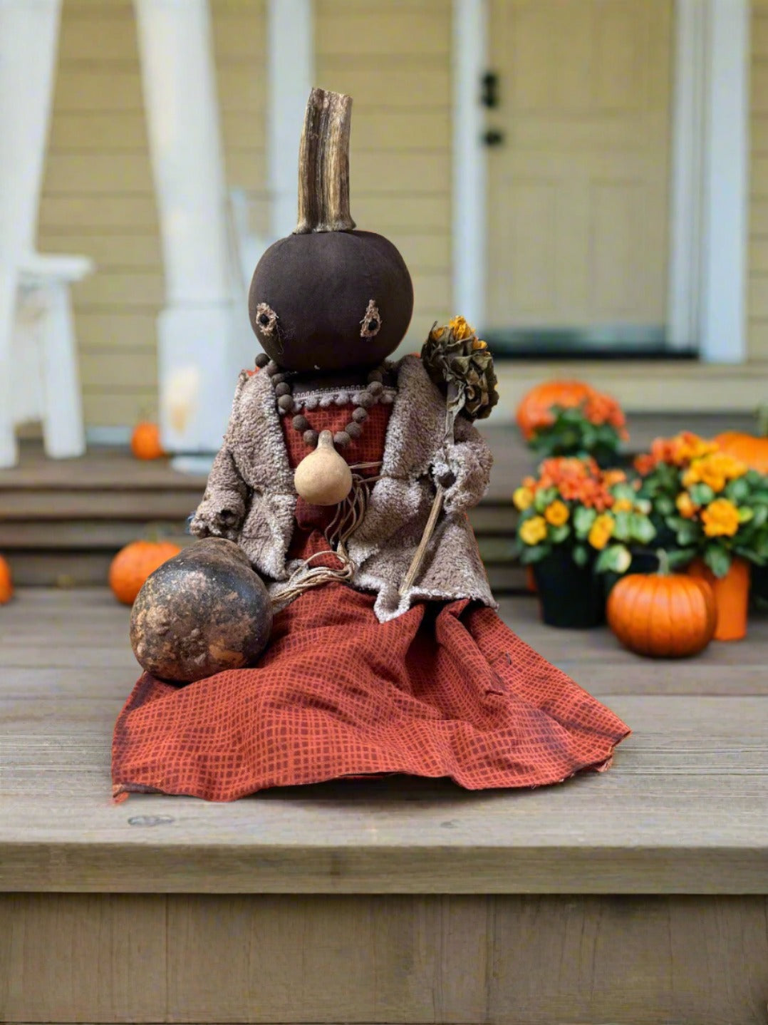 Primitive Handcrafted Pumpkin Doll Jenny w/ Gourd 12&quot;