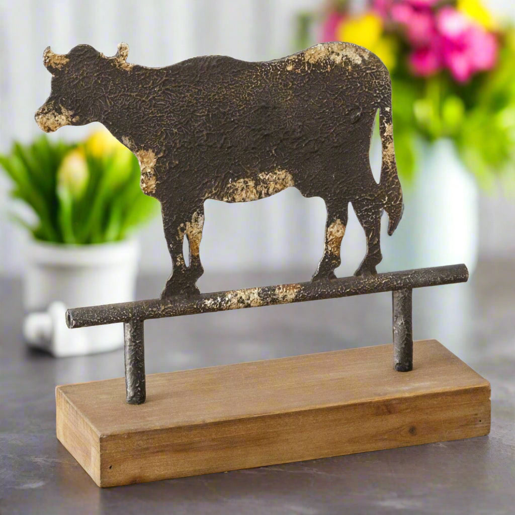 Primitive Farmhouse Vintage Look Rustic Cow on Stand