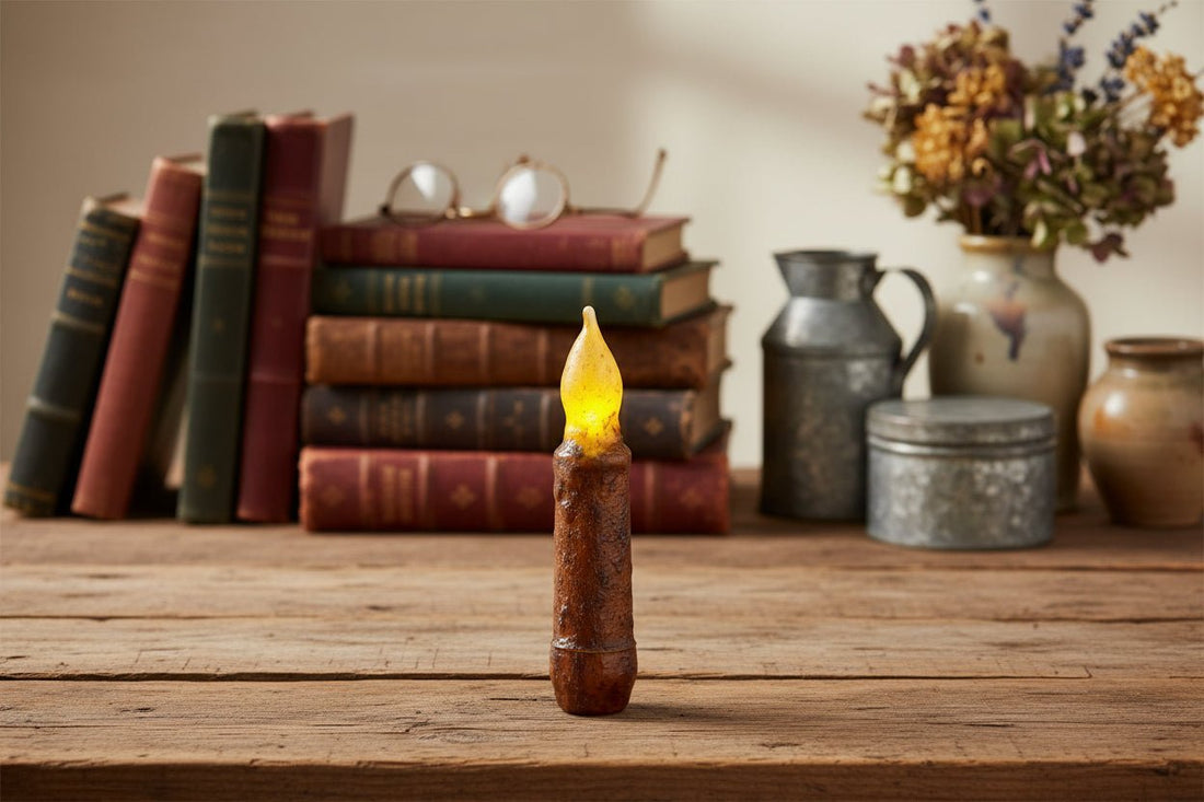 Primitive/Country 4" Battery Operated Mustard Taper Candle W/Timer - The Primitive Pineapple Collection