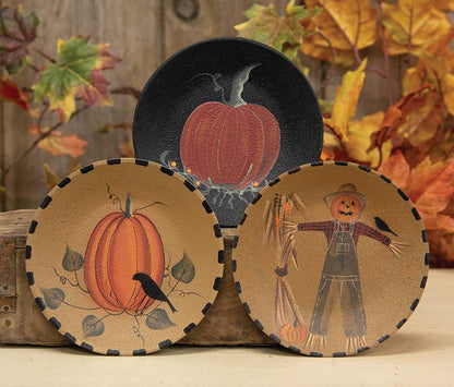 Primitive Fall Halloween Scarecrow &amp; Pumpkins Plate - 3 Asst - The Primitive Pineapple Collection