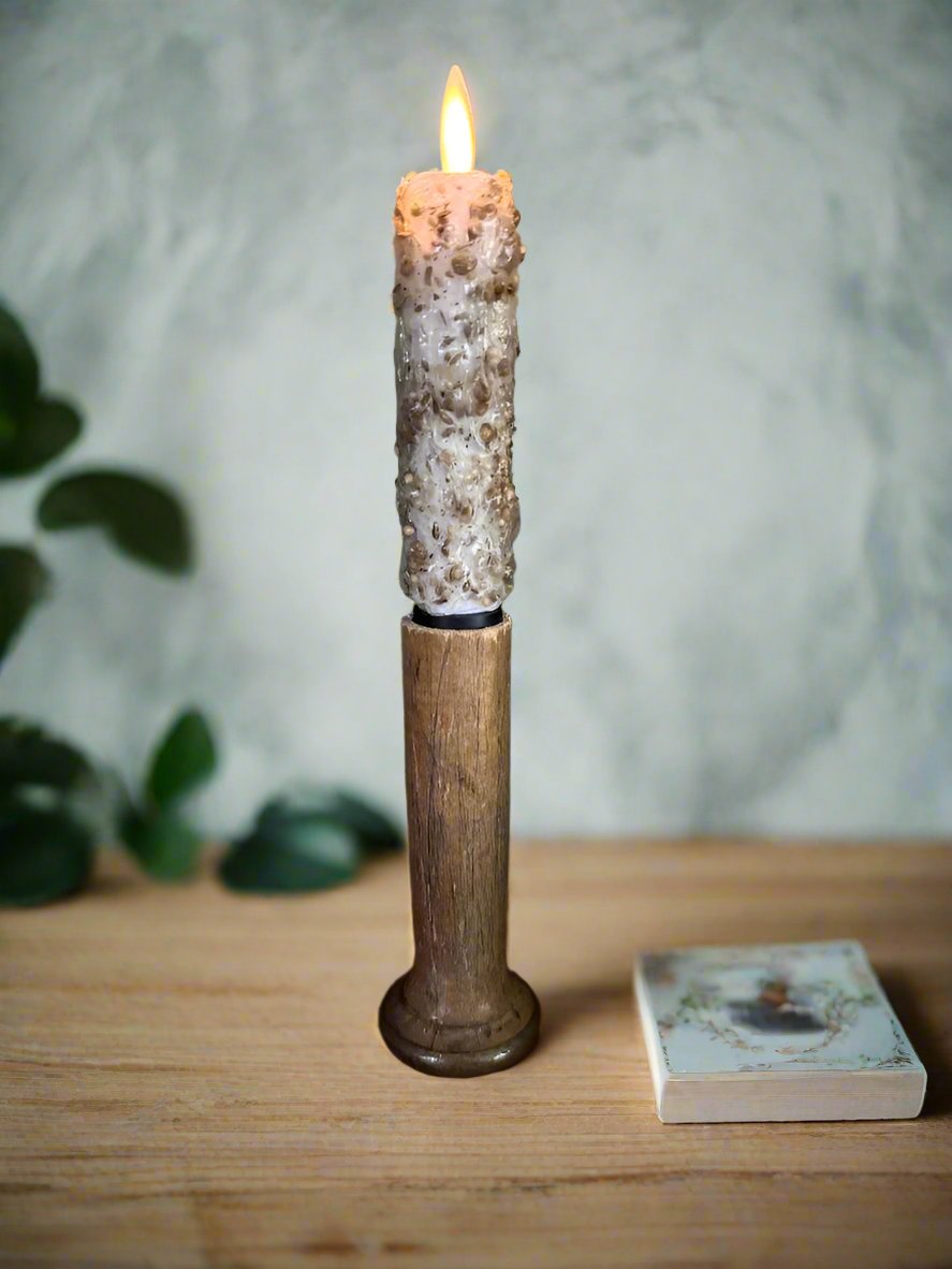 Primitive Moving Flame 9.5&quot;Candle On Chimney Bobbin w/ Remote Control