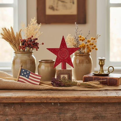 Americana Punched Metal Star Tree Topper Barn Red 6.75x6.75x1 - The Primitive Pineapple Collection