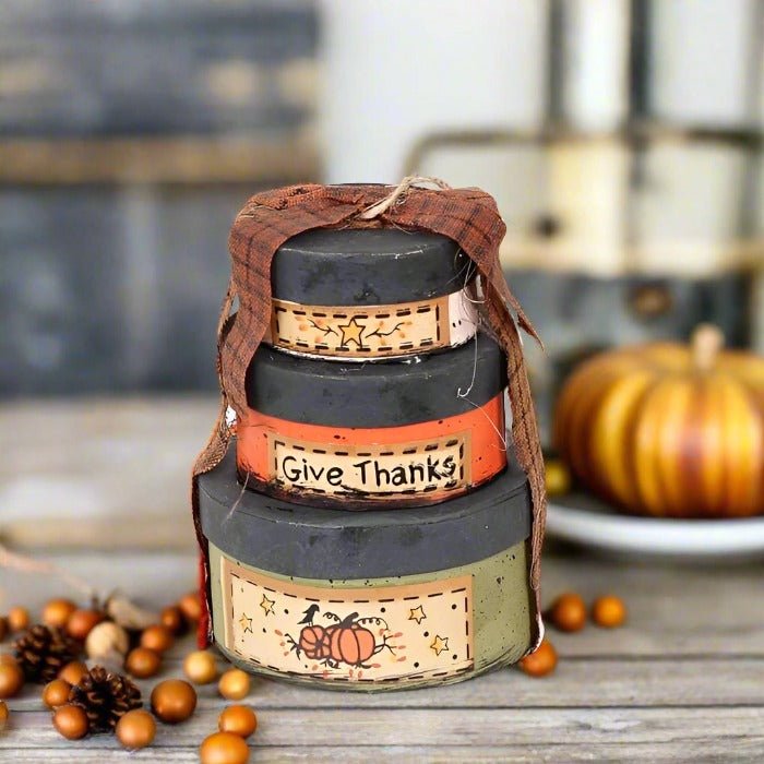 Primitive Fall/ Thanksgiving Stacked Pumpkin Give Thanks Shaker Box Ornament 4"x3" - The Primitive Pineapple Collection