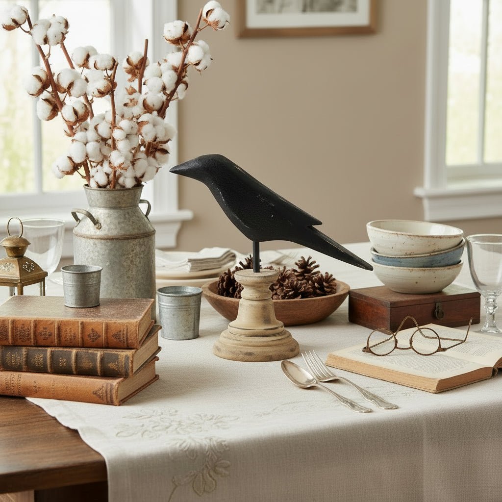 Primitive Black Wooden Crow Pedestal - The Primitive Pineapple Collection