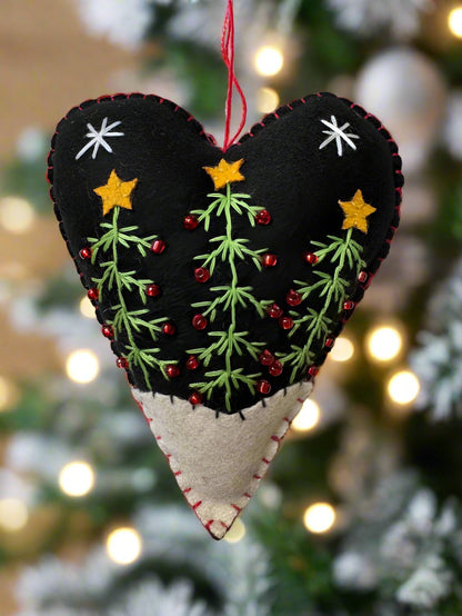 Primitive Christmas Handcrafted Felt 4.5” Black Heart with Trees Ornament