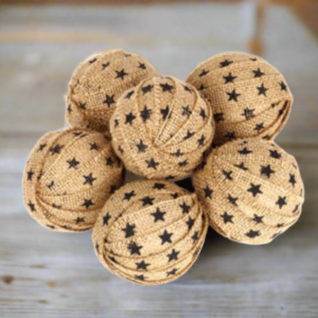 Primitive Farmhouse American 6 pc Burlap Star Rag Ball Bowl Filler 2.5" - The Primitive Pineapple Collection