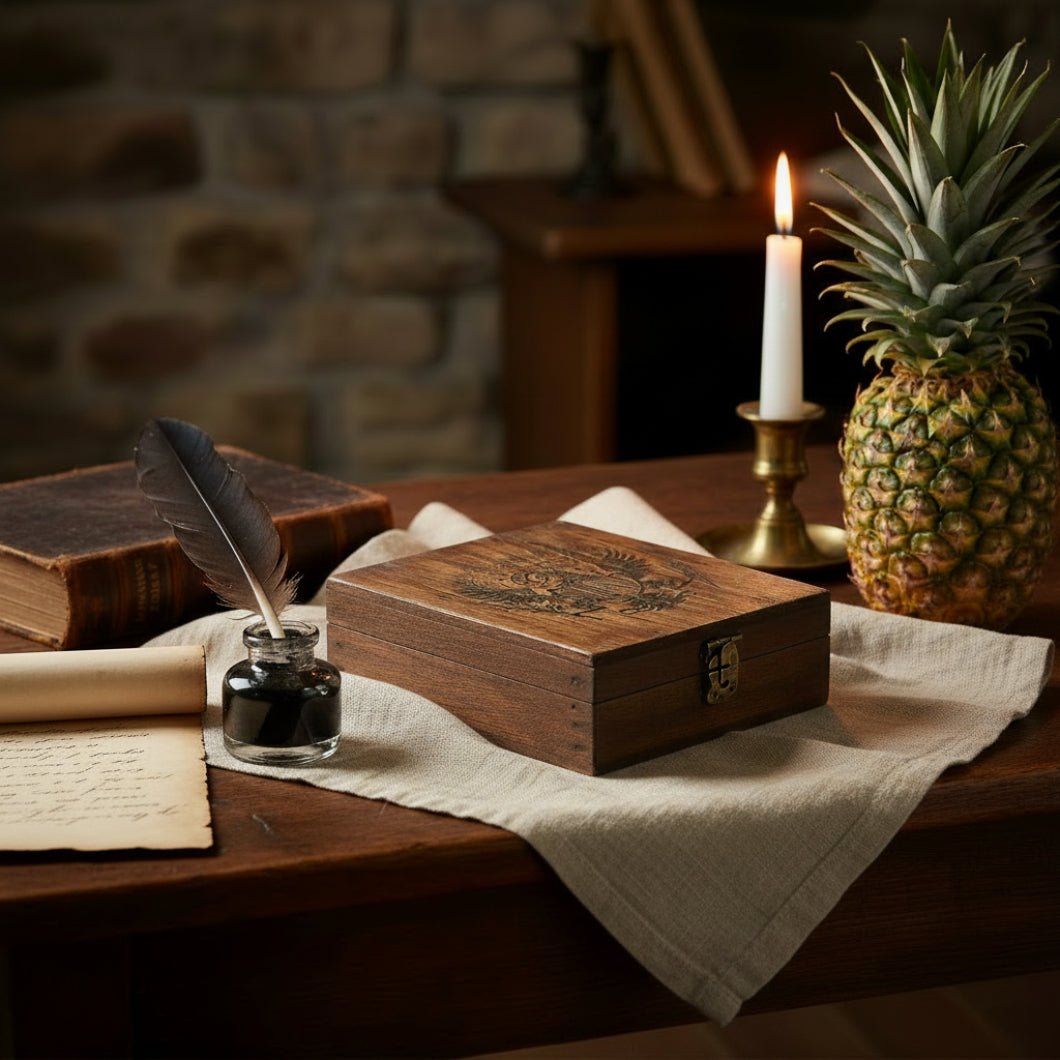 Handcrafted Teak Wood Eagle Playing Card Box – Americana Etched Storage Box, 4 - 5/8" - The Primitive Pineapple Collection
