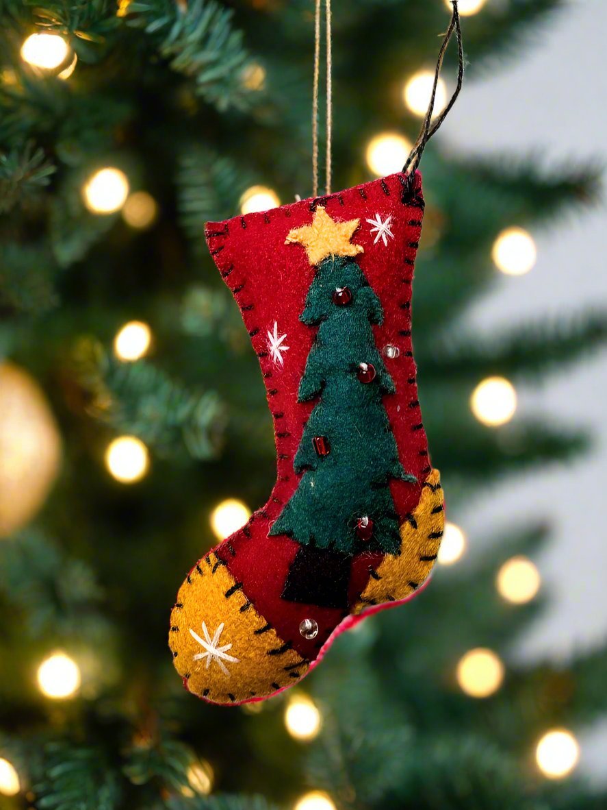 Primitive Christmas Handcrafted Felt 3.5”Red Stocking w/Tree Ornament - The Primitive Pineapple Collection