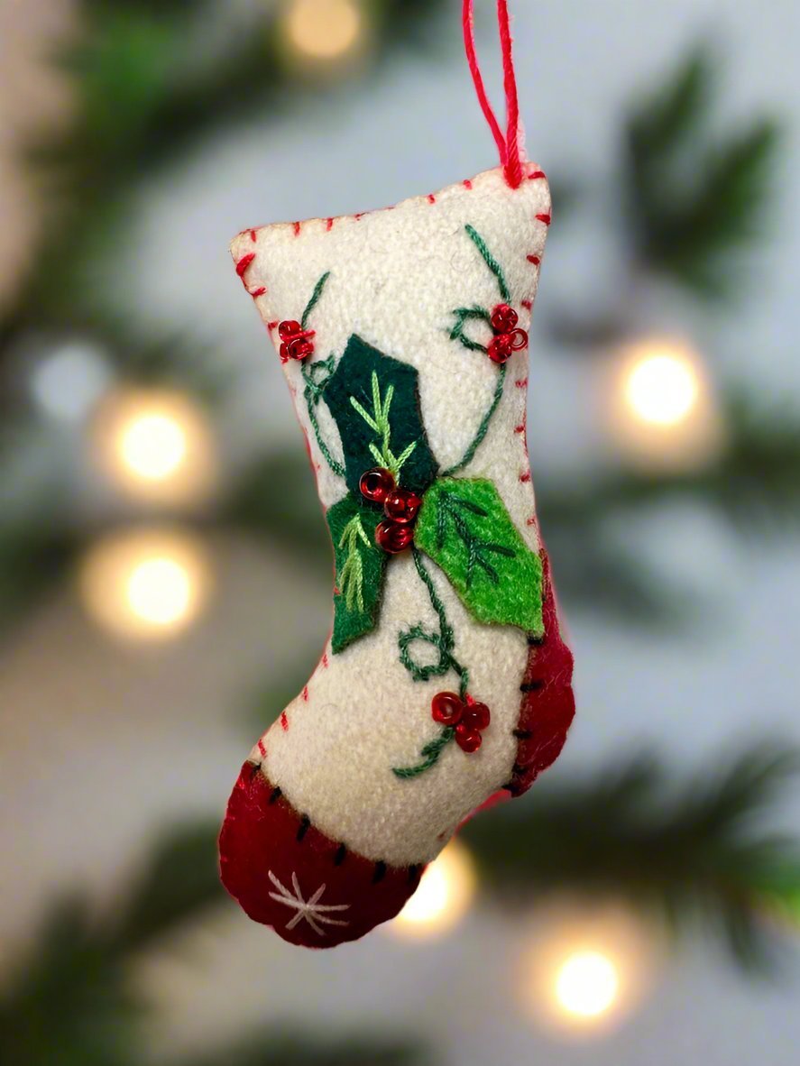 Primitive Christmas Handcrafted Felt 3.5” White Stocking w/ Holly Ornament - The Primitive Pineapple Collection