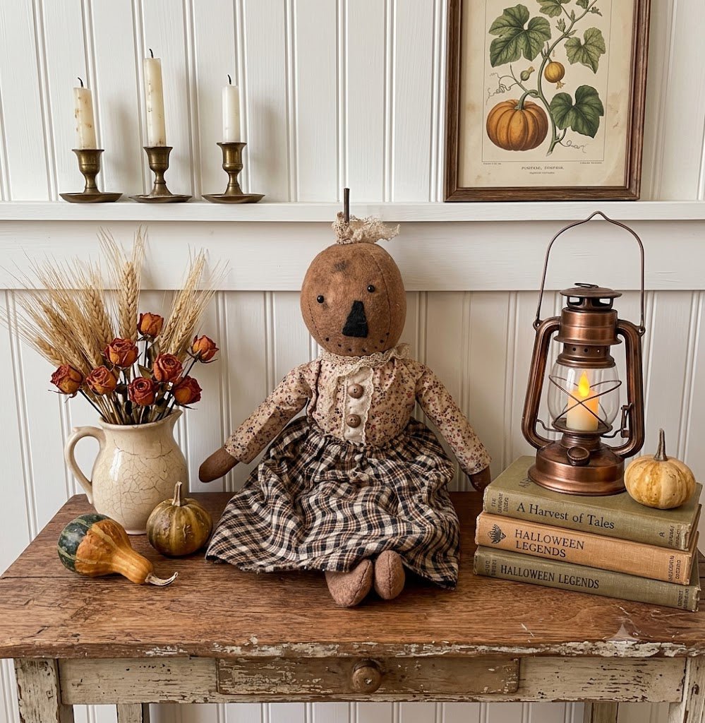 Primitive Fall Halloween Handcrafted 16" Penny Pumpkin Girl Doll