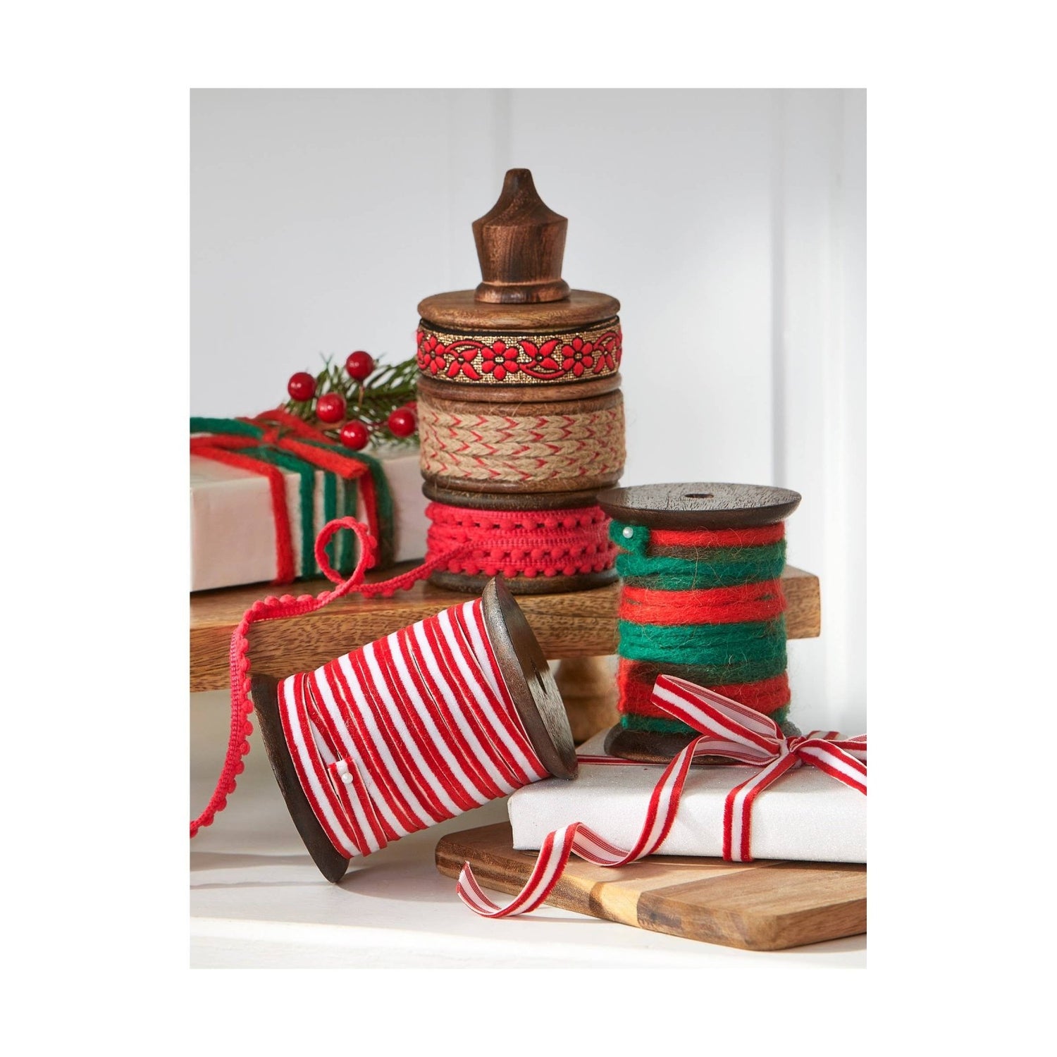 Primitive Christmas Red and Green Wooly Fleece Ribbon Spool - The Primitive Pineapple Collection