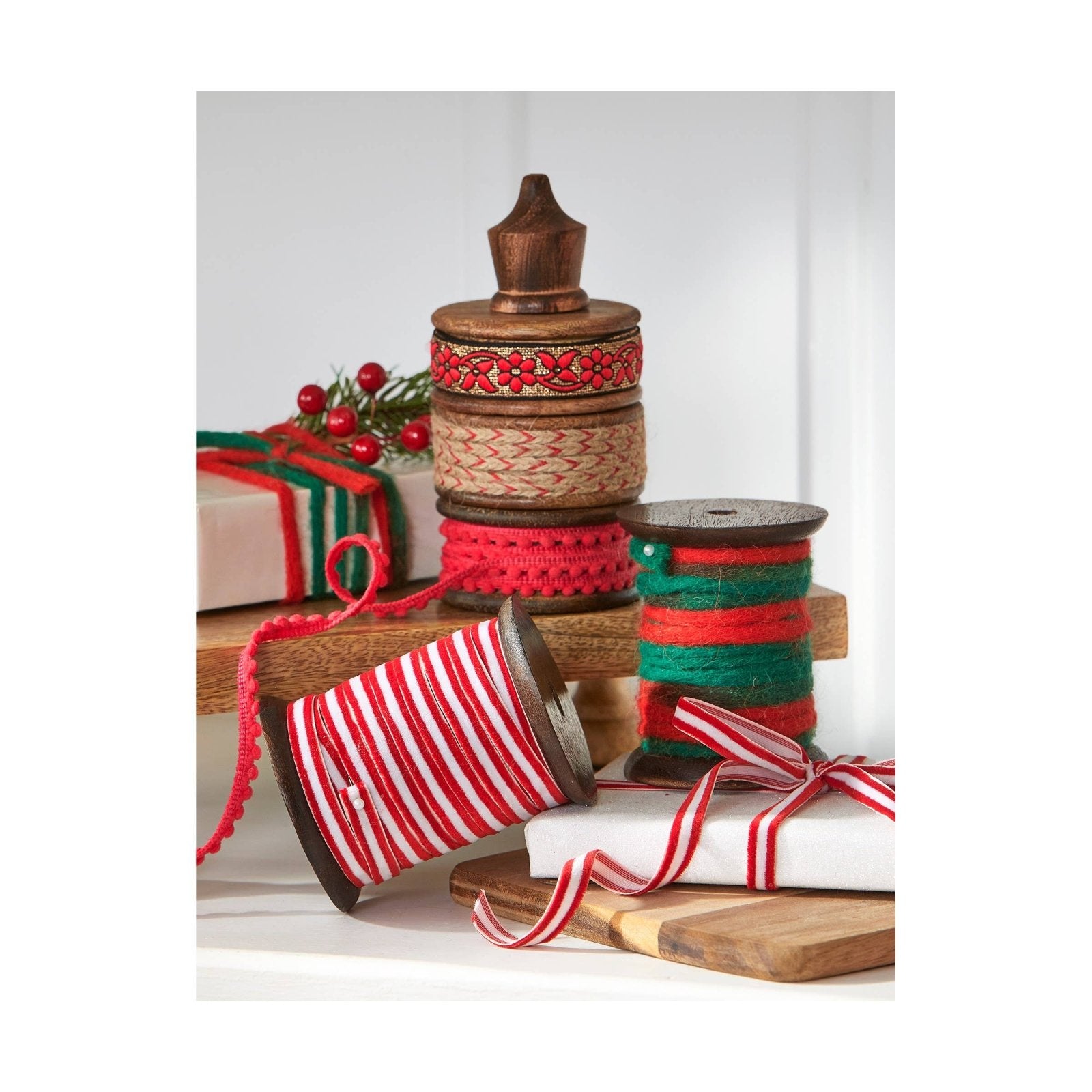 Primitive Christmas Red and Green Wooly Fleece Ribbon Spool - The Primitive Pineapple Collection