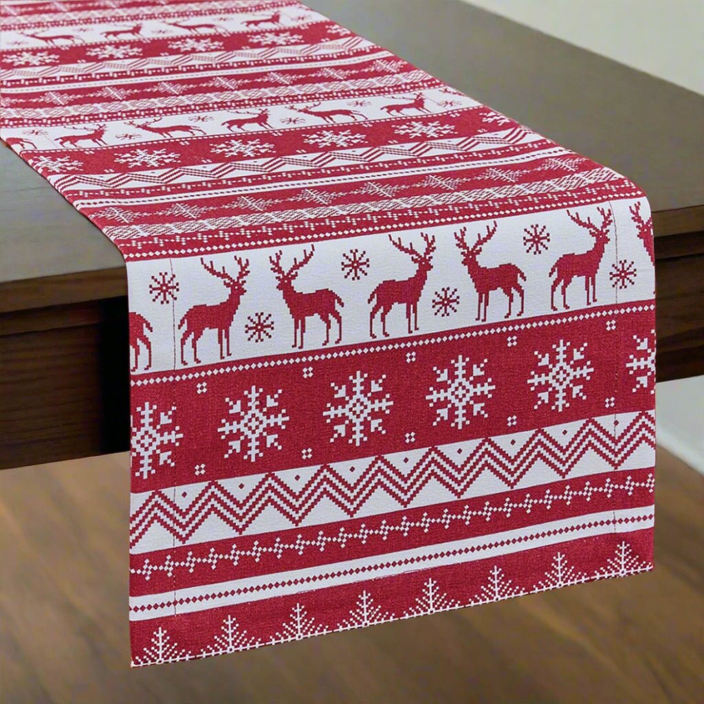 Primitive Christmas Home Holiday Fairisle Red White Reindeer Table Runner 54&quot; L - The Primitive Pineapple Collection