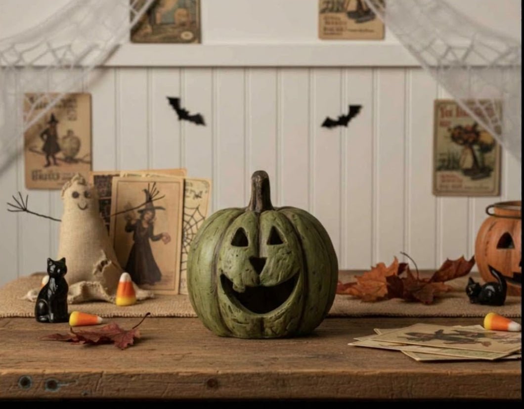 Ragon House Mache 5.5" Olive Green Big Mouth Pumpkin Jack O Lantern Halloween - The Primitive Pineapple Collection