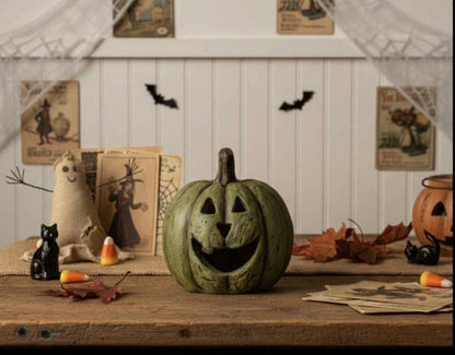 Ragon House Mache 5.5" Olive Green Big Mouth Pumpkin Jack O Lantern Halloween - The Primitive Pineapple Collection