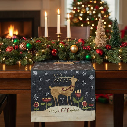 Primitive Christmas Joyful Deer Table Runner 36&quot; L - The Primitive Pineapple Collection