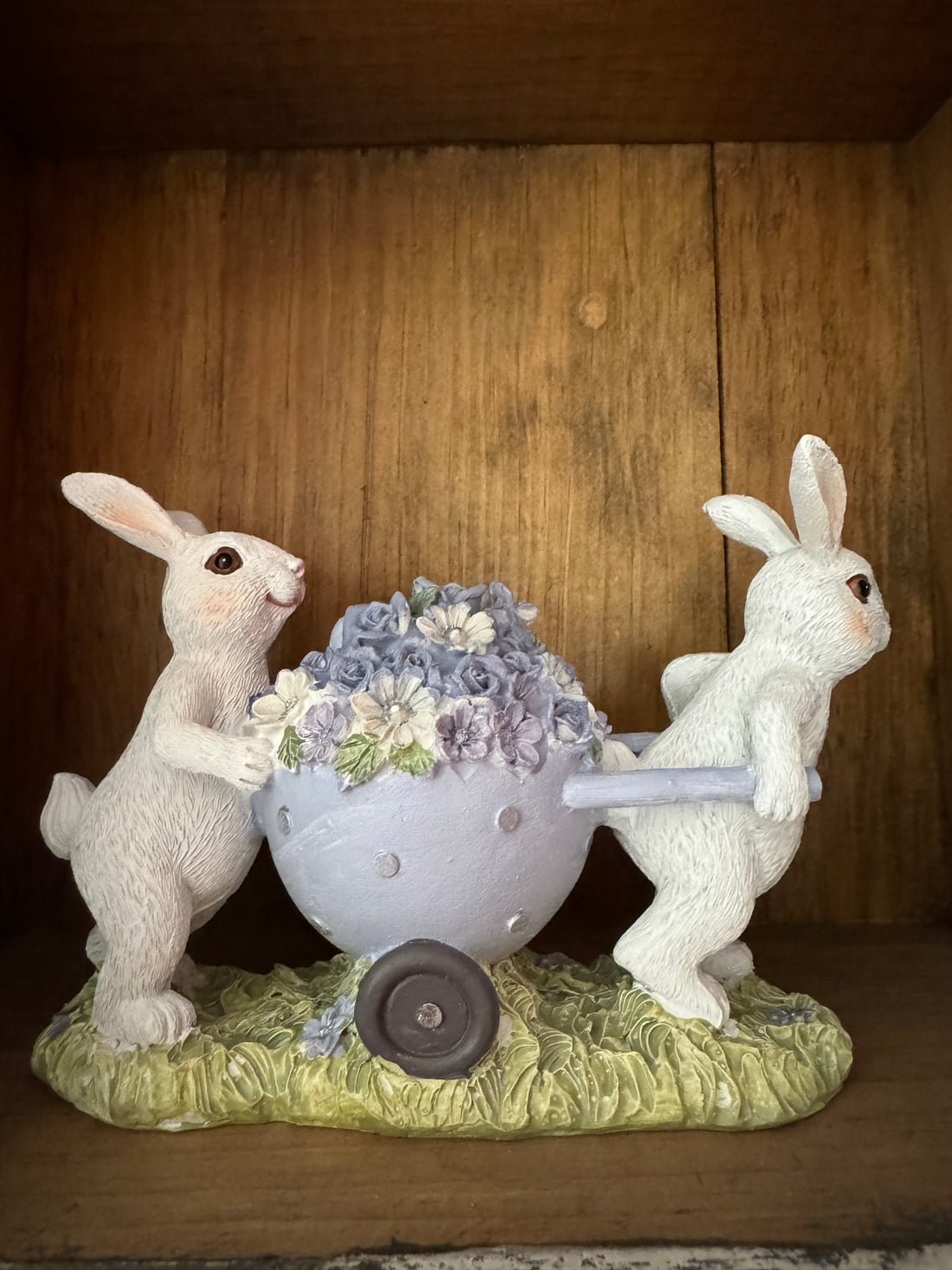 Farmhouse Spring  Pastel Bunnies w/ Easter Egg Cart Figurine