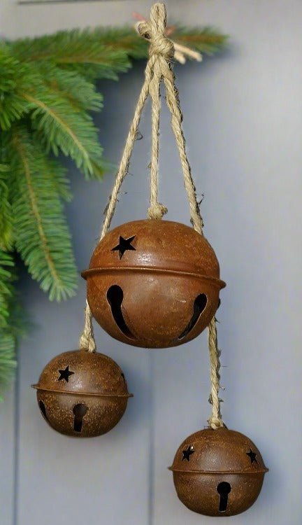 Primitive Christmas 3 pc Rusty Jingle Bell on Jute - The Primitive Pineapple Collection
