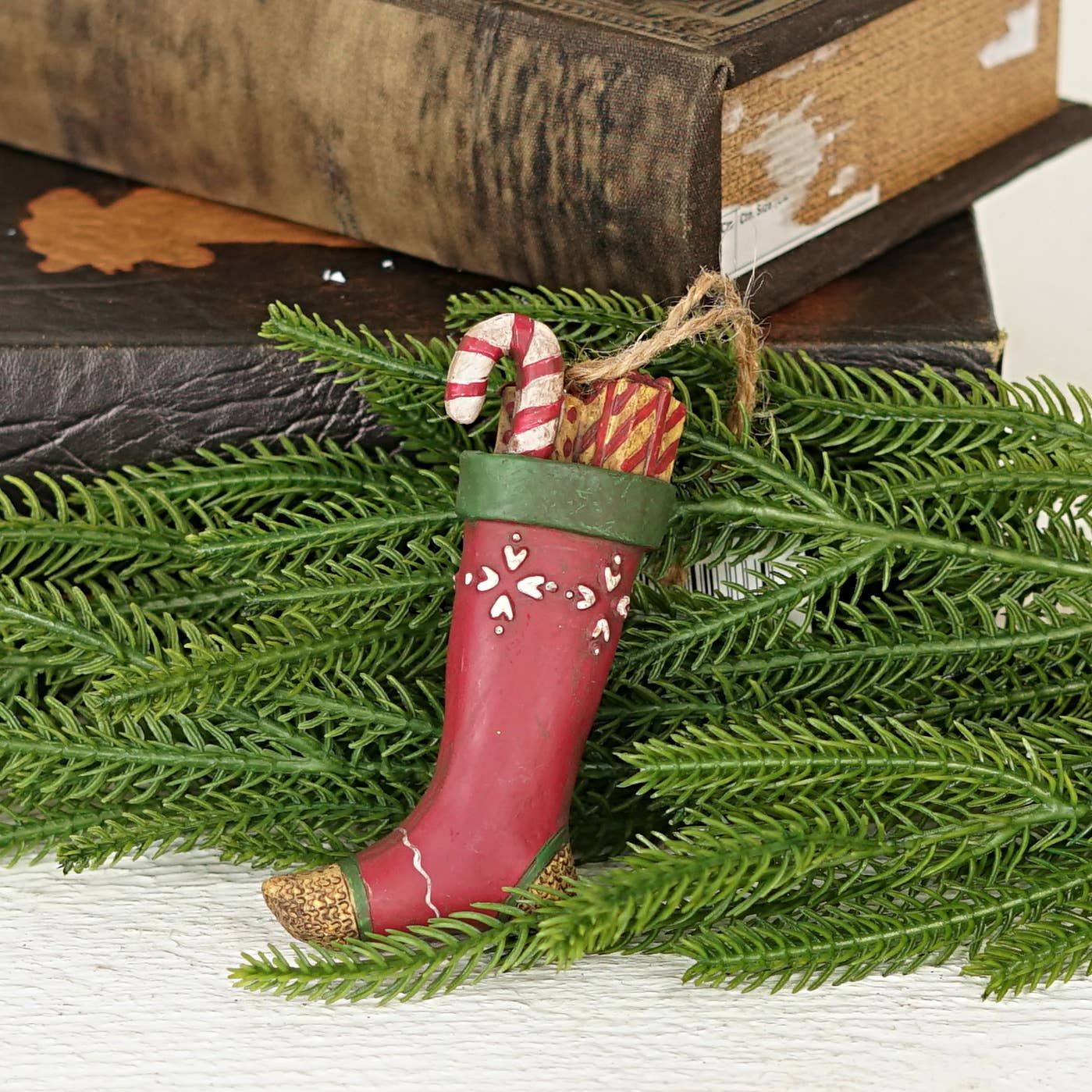 Primitive Christmas Old World Stocking w/ Candy Cane Ornament 4.5&quot; - The Primitive Pineapple Collection