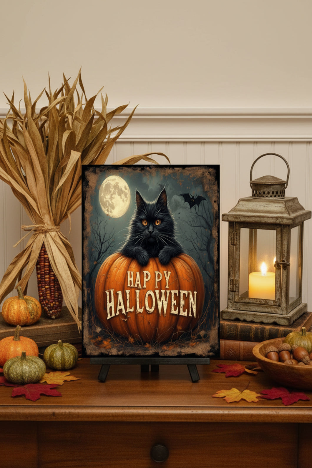 Primitive Happy Halloween Black Cat Pumpkin 12x8 Metal Sign