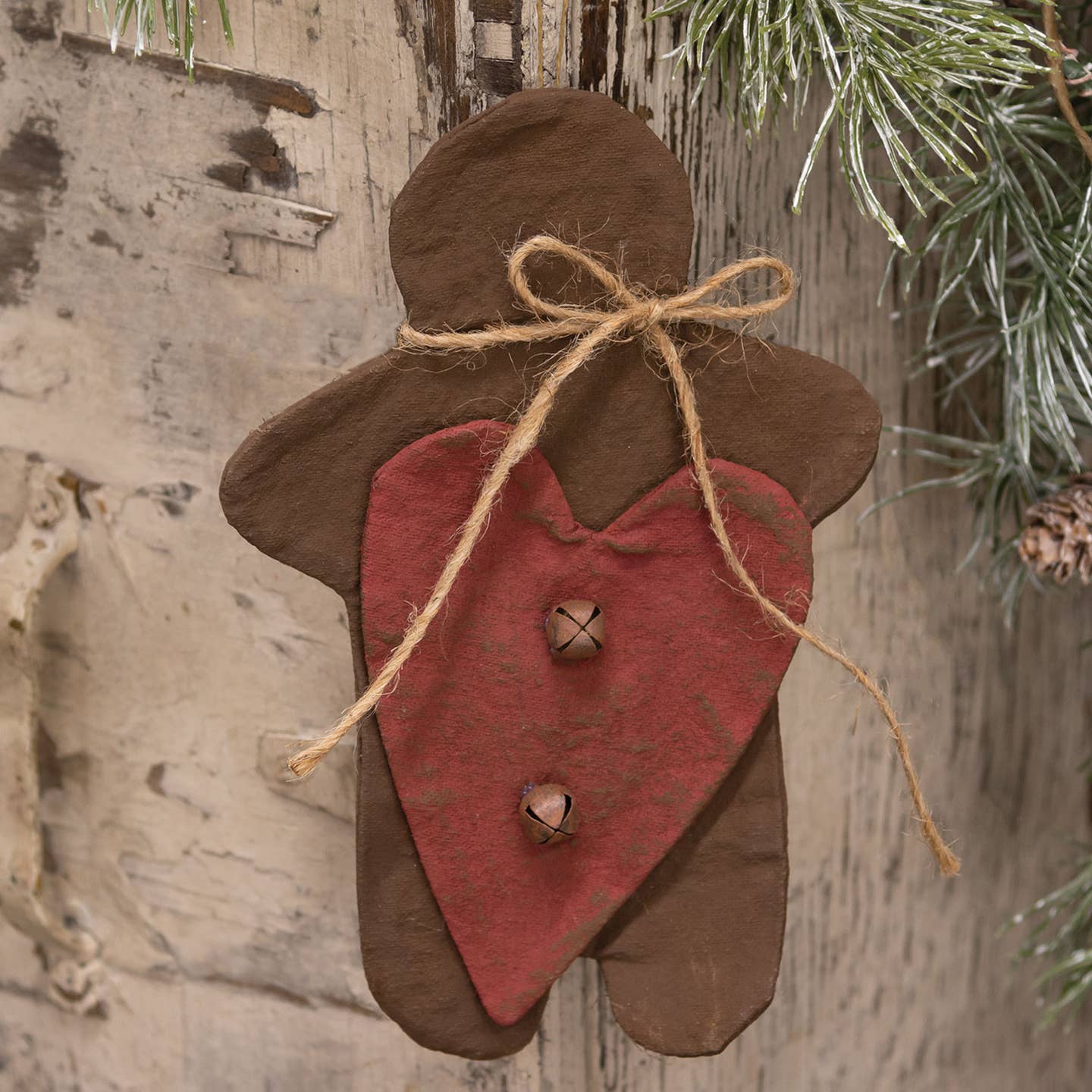 Christmas Primitive 7.5&quot; Flat Fabric Gingerbread &amp; Heart Christmas Ornament