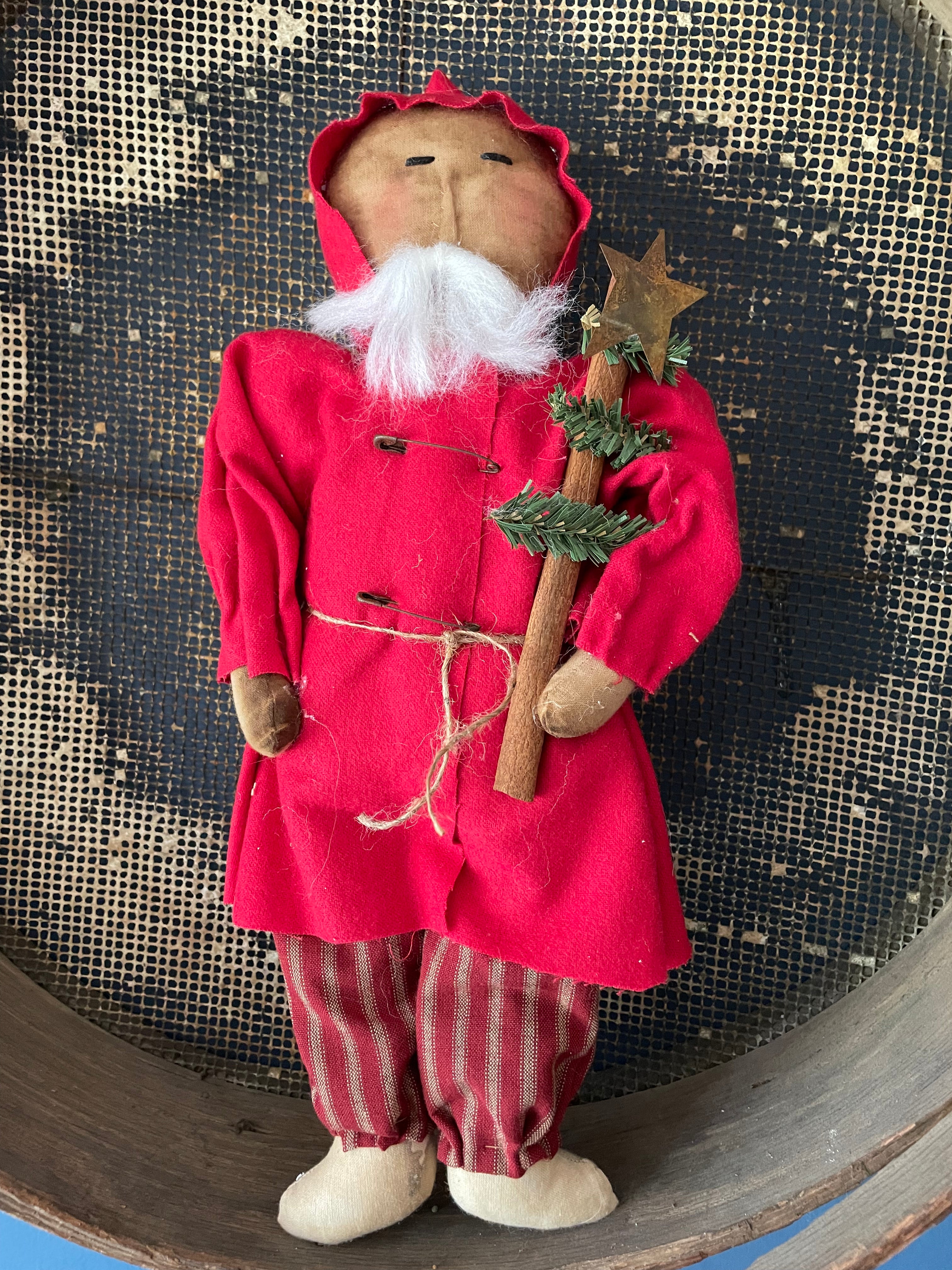 Christmas Handmade 14&quot; Red Ticking Pants Santa Doll w/ Prim Pine Tree