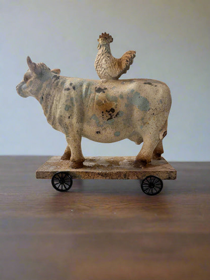 Primitive Farmhouse 10&quot; Brown Spring Rustic Cow and Chicken On Wheels