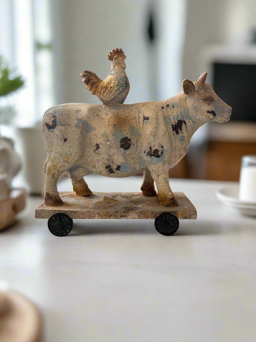 Primitive Farmhouse 10&quot; Brown Spring Rustic Cow and Chicken On Wheels