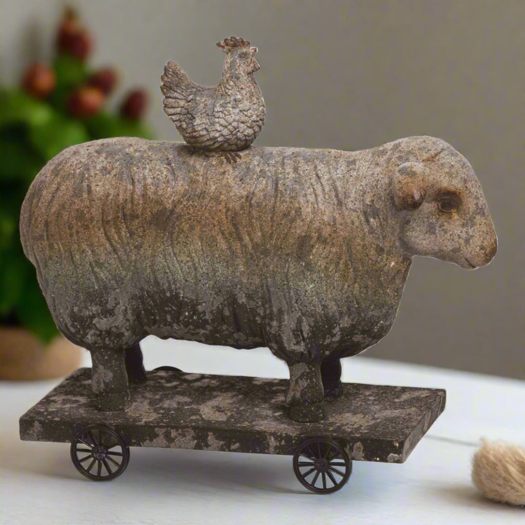 Primitive Farmhouse 10&quot; Brown Spring Rustic Sheep and Chicken On Wheels