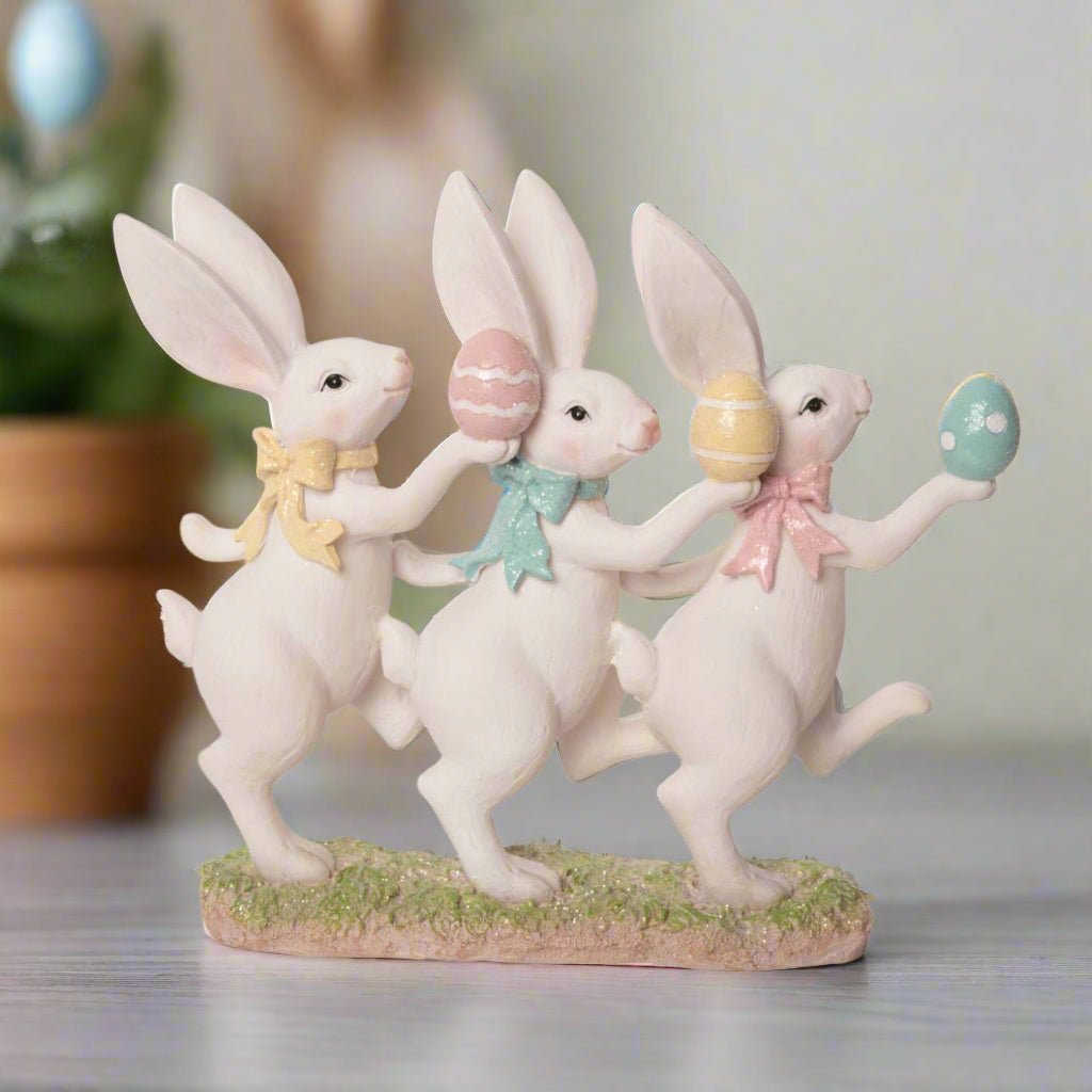 Primitive Farmhouse 12” Spring Rustic Resin White Easter Dancing Bunnies - The Primitive Pineapple Collection
