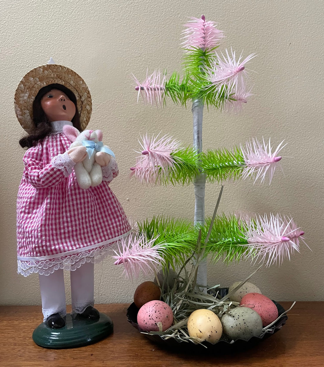 Bethany Lowe Inspired Handcrafted USA German Style Goose Pastel Pink/Green Easter Feather Tree w/ Pink Berries 12&quot;