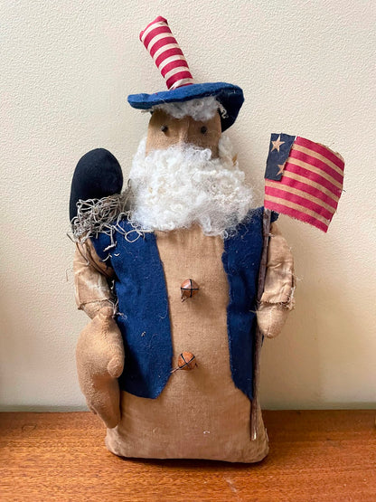 Primitive Handcrafted Patriotic Americana Uncle Sam Doll w/ Flag/Star 14&quot;