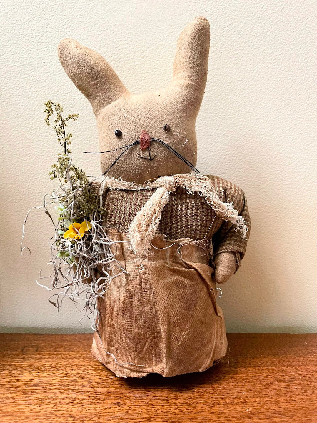 Primitive Farmhouse Handcrafted USA Spring Bunny w/Flowers in Apron Stump Doll 12&quot;