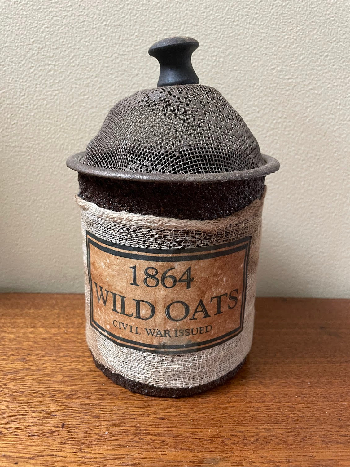 Primitive Handcrafted 1864 Wild Oats with Mesh Dome Lid Jar