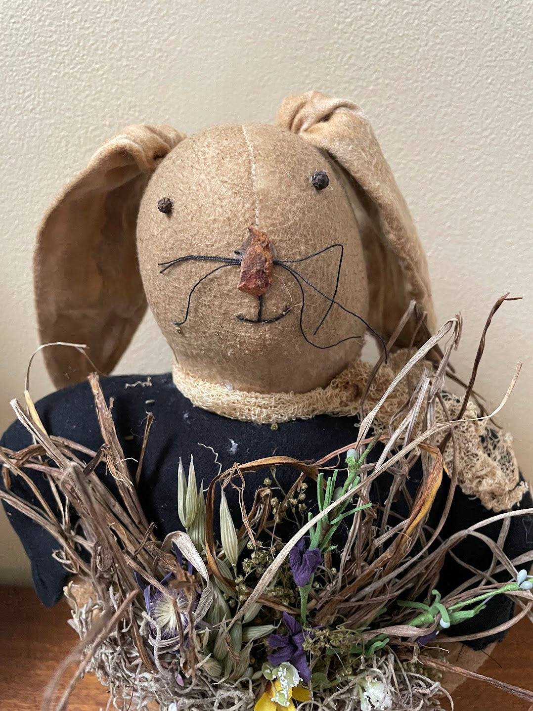 Primitive Farmhouse Handcrafted Spring Bunny Rabbit Stump Doll 14&quot;