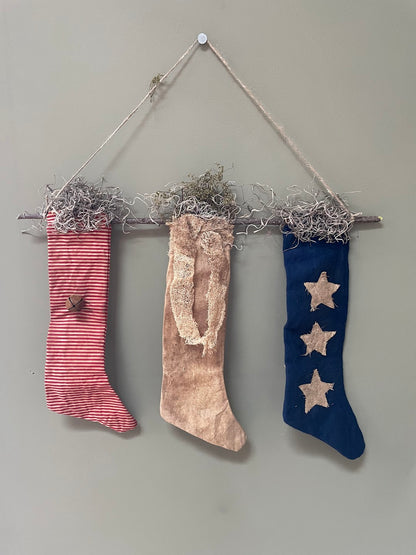 Primitive Handcrafted Patriotic Americana Trio Stocking Hanger w/ Sweet Annie
