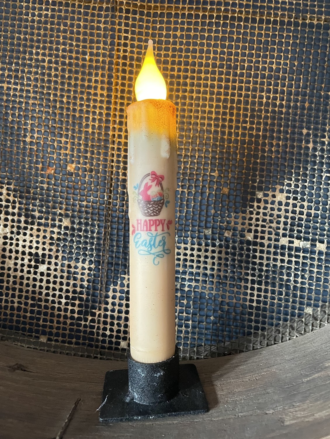 Primitive Handcrafted Spring Summer 7&quot;Happy Easter Led Timer Taper Candle