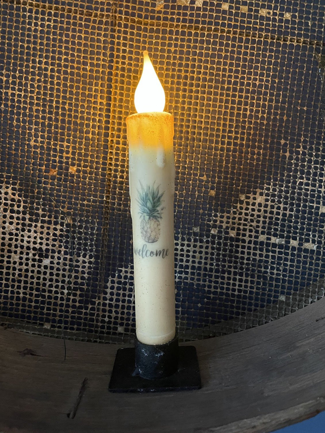 Primitive Handcrafted Colonial Welcome Pineapple 7"H Led Timer Taper Candle - The Primitive Pineapple Collection