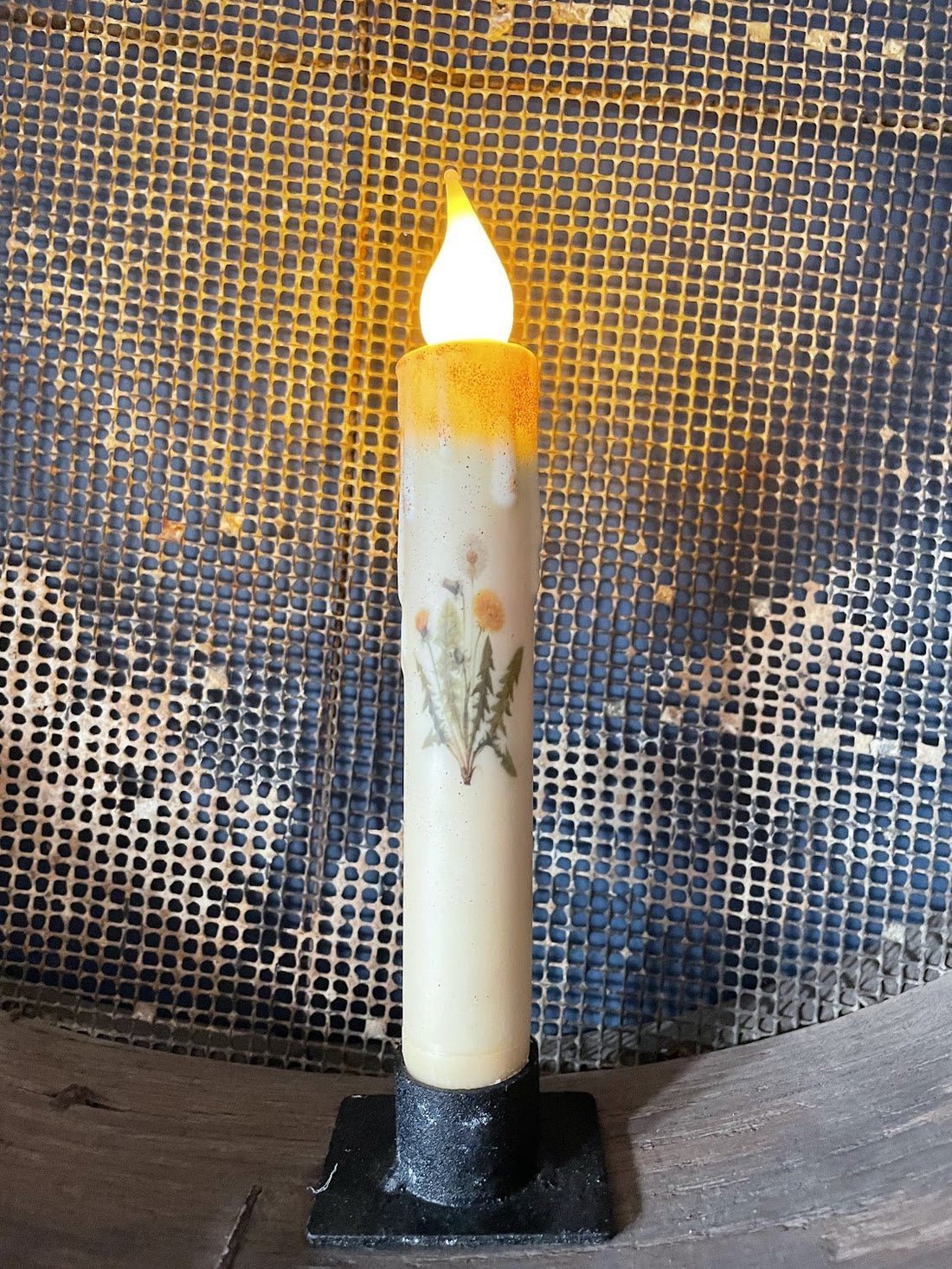 Primitive Handcrafted Spring Summer 7"Dandelion Flowers Led Timer Taper Candle - The Primitive Pineapple Collection