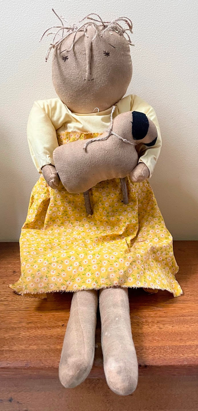 Primitive Handcrafted USA Primitive Doll w/ Jute hair and Sheep 26&quot;