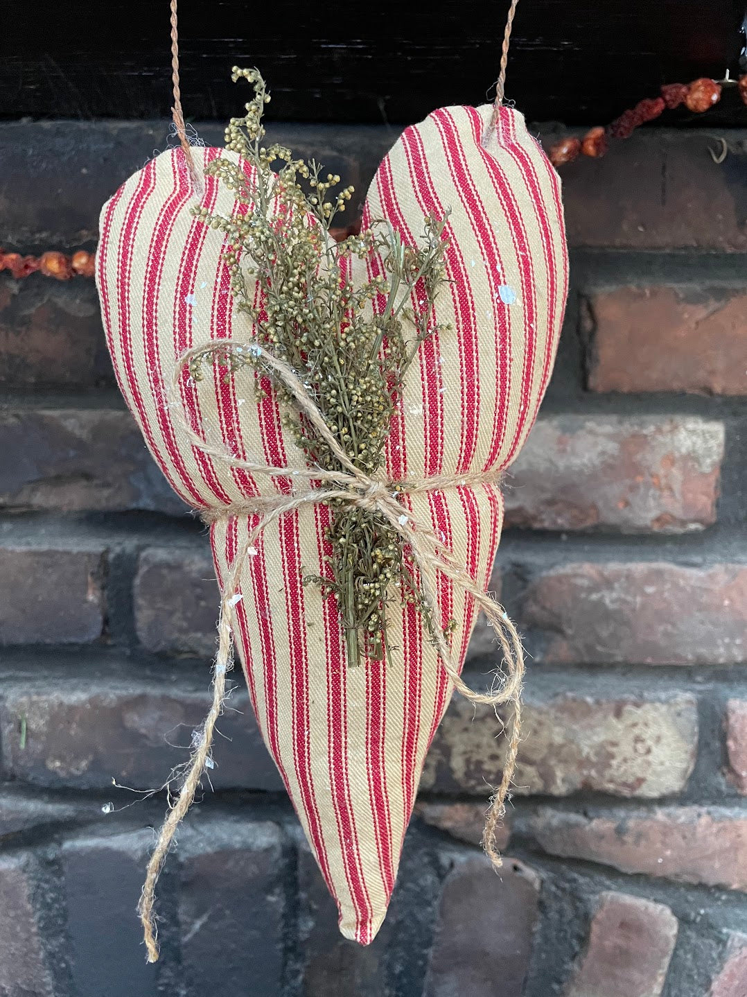 Primitive Colonial Handcrafted Hanging Red Ticking Fabric Heart Sweet Annie